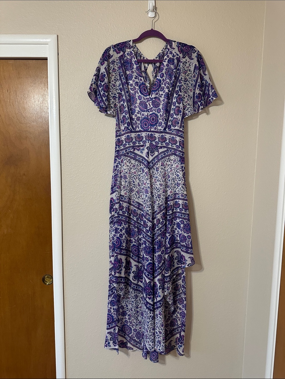 Flutter Sleeve Purple Floral High-Low Dress